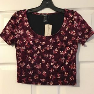 New Forever 21 Velour Burgundy Floral Short Sleeve Crop Top S